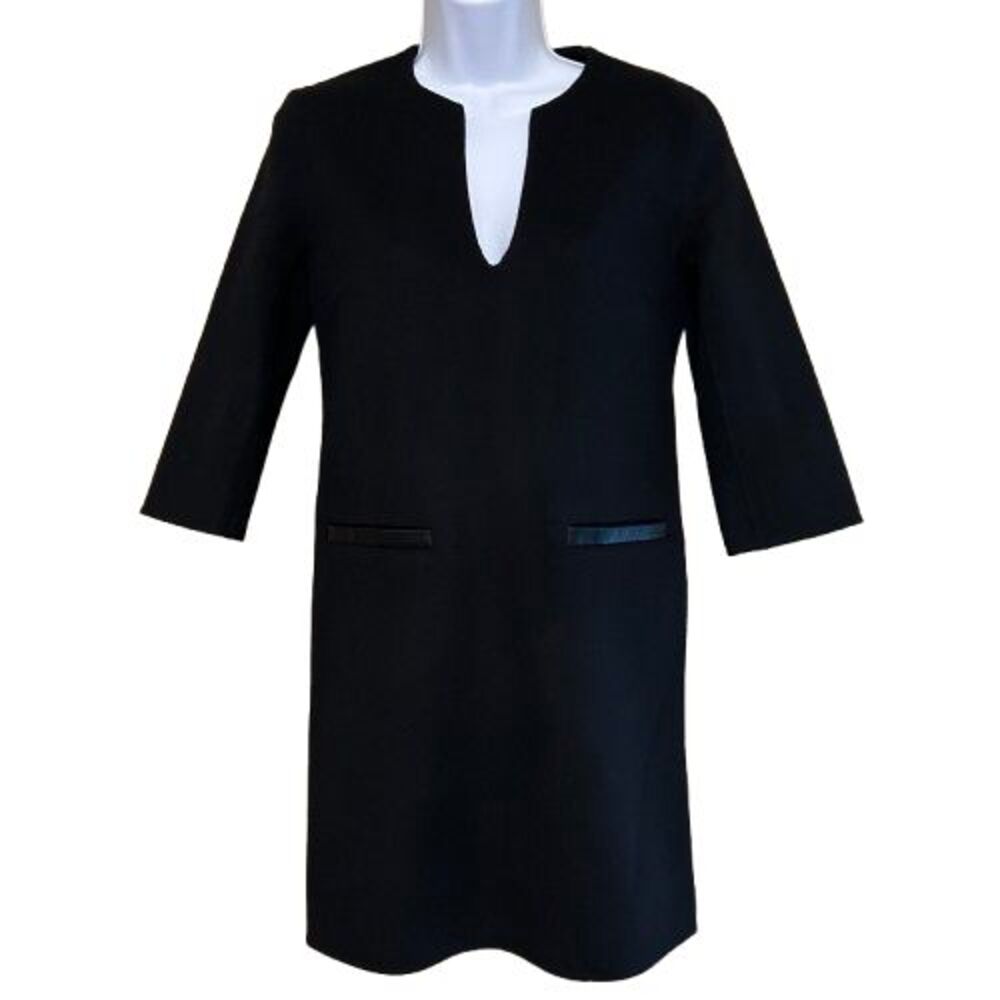 Helene Rolles Sheath Dress Womens FR 38 US 6 Black Wool Cashmere Leather Trim